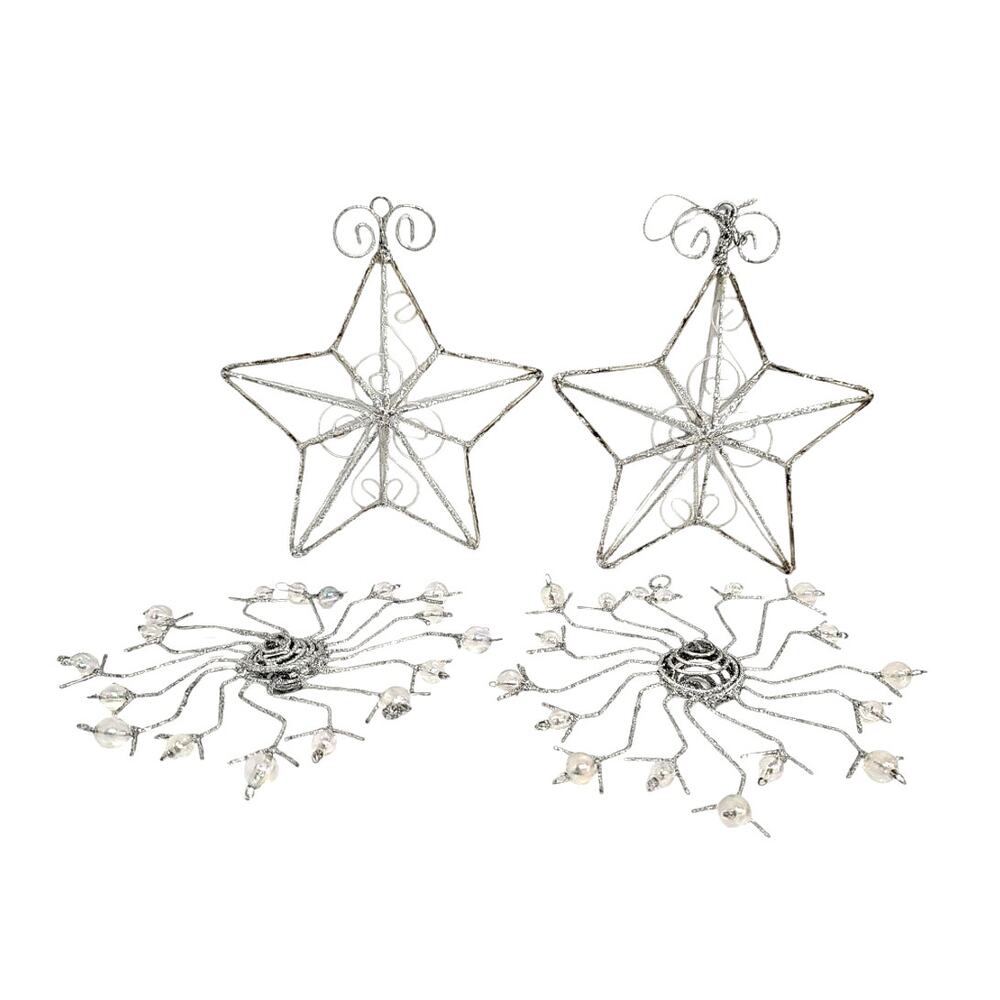Lot Of Four Vintage Christmas Ornaments Stars Snow Flakes Silver Sparkly